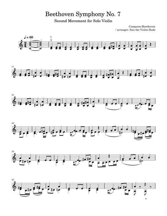 Beethoven Symphony No. 7 second movement for Solo Violin (with fingerings)