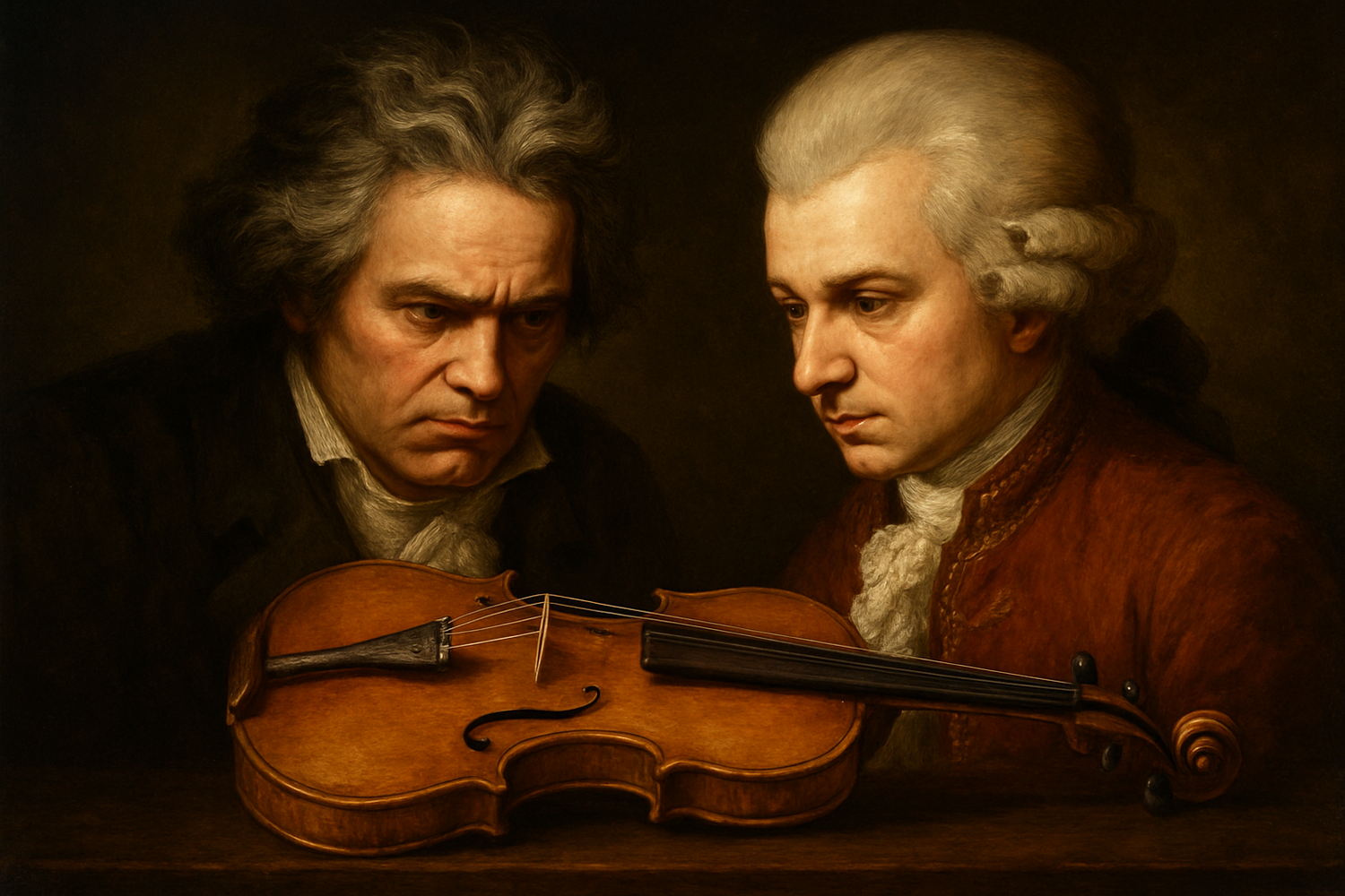 Beethoven and Mozart Staring intensly at a violin